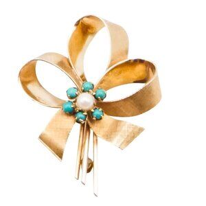 Vintage Winard 12K Gold Filled Cultured Pearl & Faux Turquoise Bow Brooch